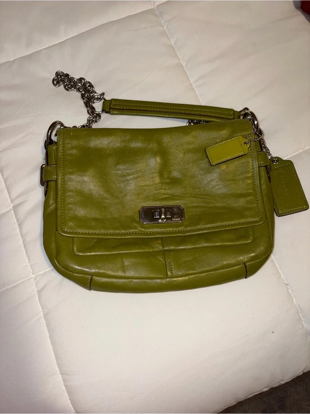 Coach Olive Green Leather Crossbody with Silver Chain Strap